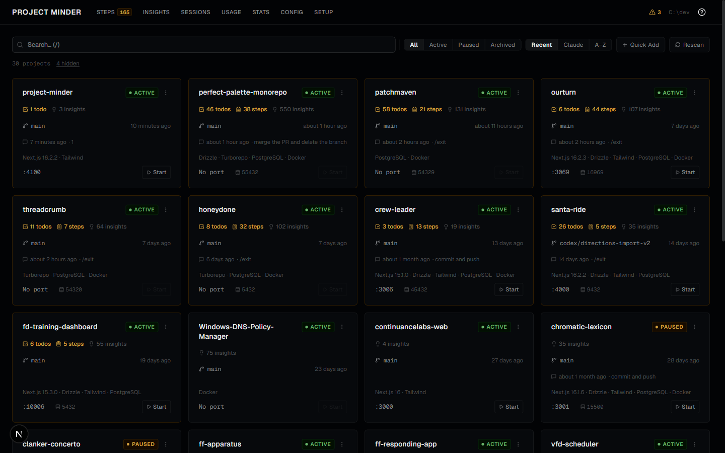 Project Minder dashboard showing projects with git status, sessions, and todo counts
