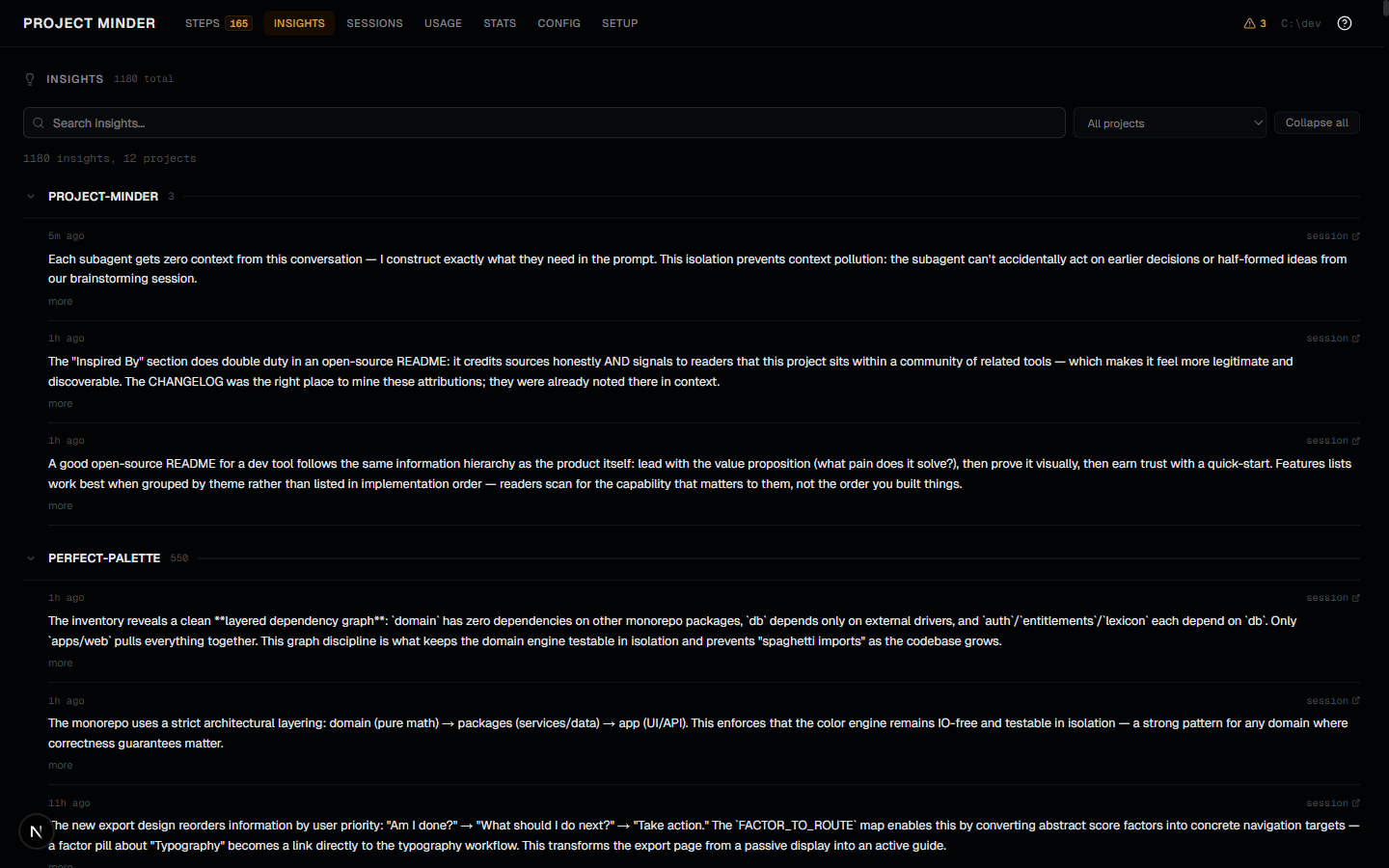 Cross-project insights browser