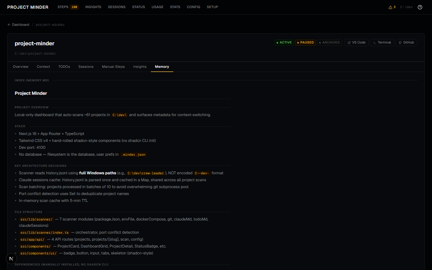 Memory tab showing MEMORY.md overview with project context and architecture decisions