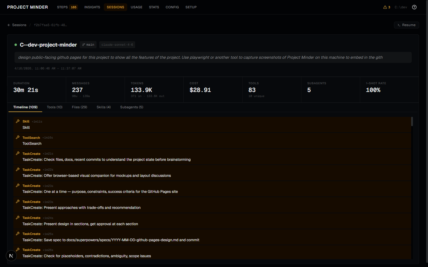 Session detail with timeline and tool usage