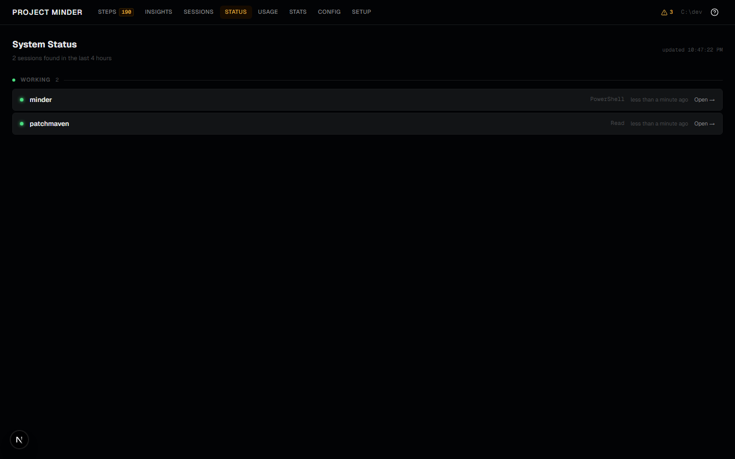 System Status page showing live sessions bucketed by state
