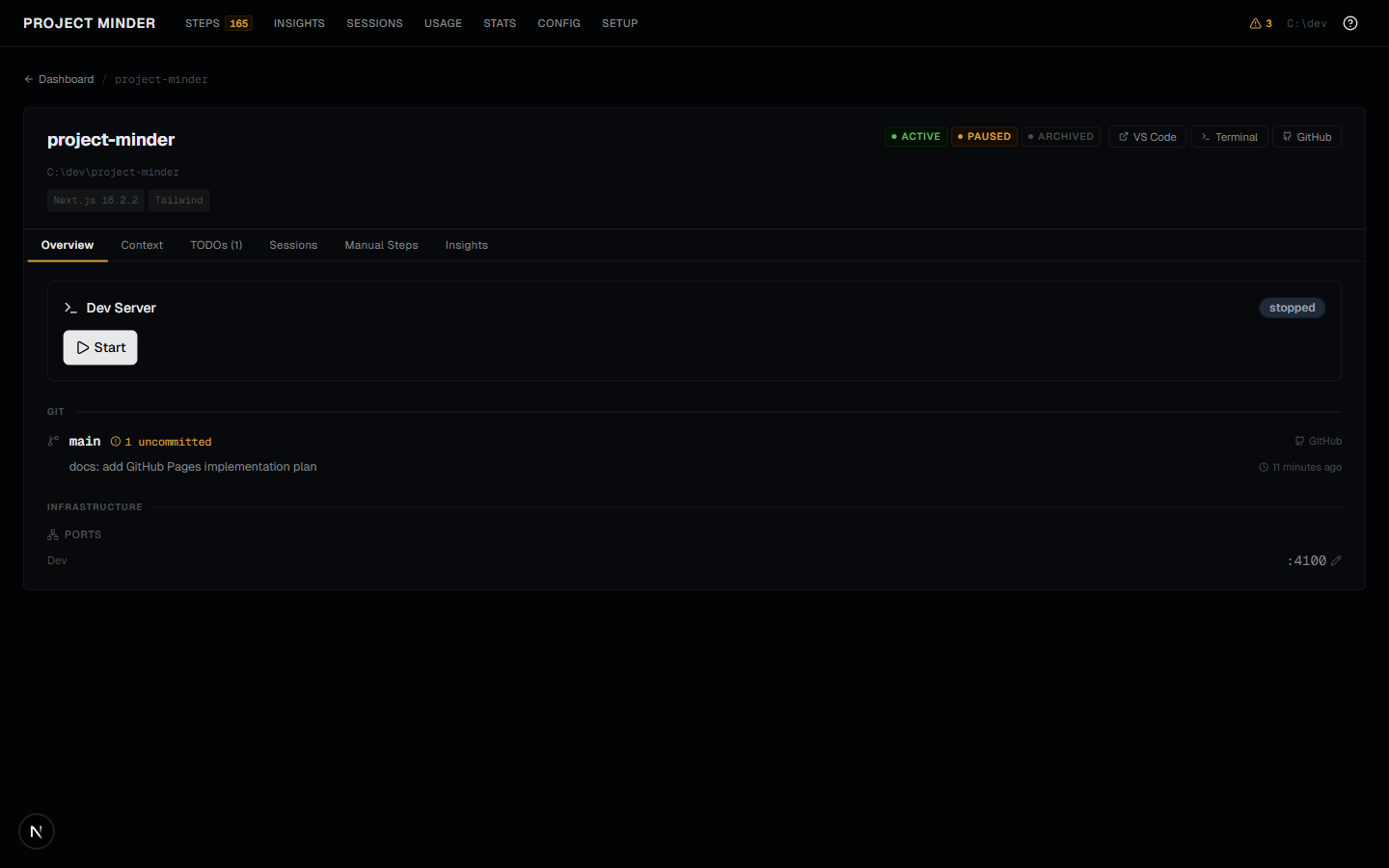 Worktree overlay showing active branch items